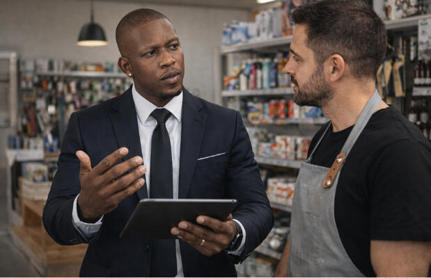Partnering with you to unlock your business's full potential A professional business consultant from Xtatic Business Solutions in a suit, holding a tablet and discussing digital strategy with a small business owner in a retail shop."v